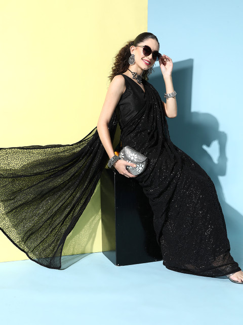 HERE&NOW Embellished Pure Georgette Saree with Embroidered Border