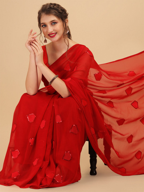 Sangria Red Sequinned Pure Georgette Saree