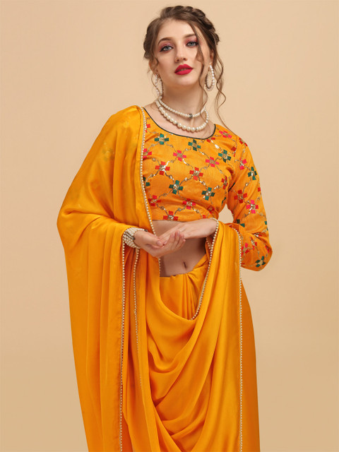 Sangria Mustard Yellow Gotta Patti Satin Designer Saree