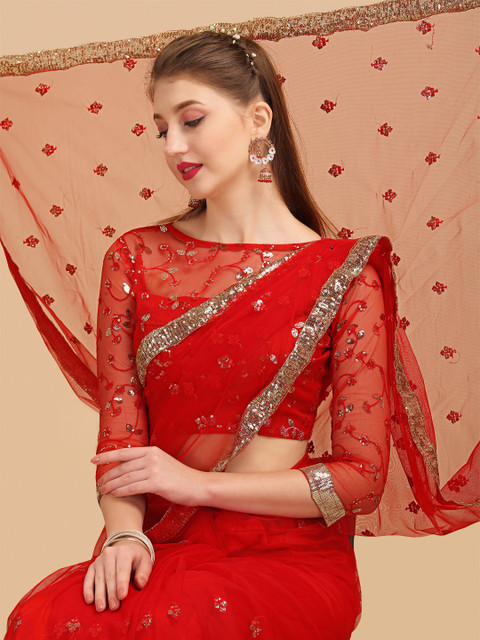 Sangria Red Embellished Net Saree
