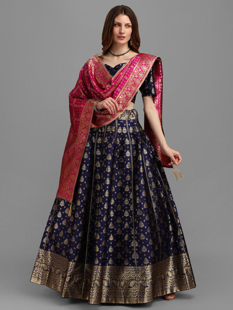PURVAJA Navy Blue & Pink Semi-Stitched Lehenga & Unstitched Blouse With Dupatta