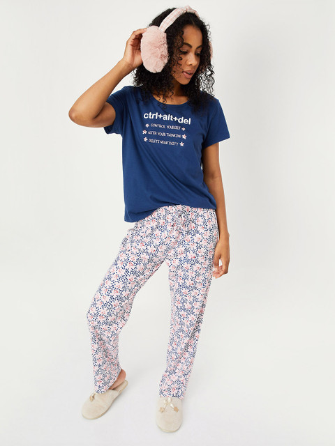 max Women Blue & White Printed Cotton Night suit