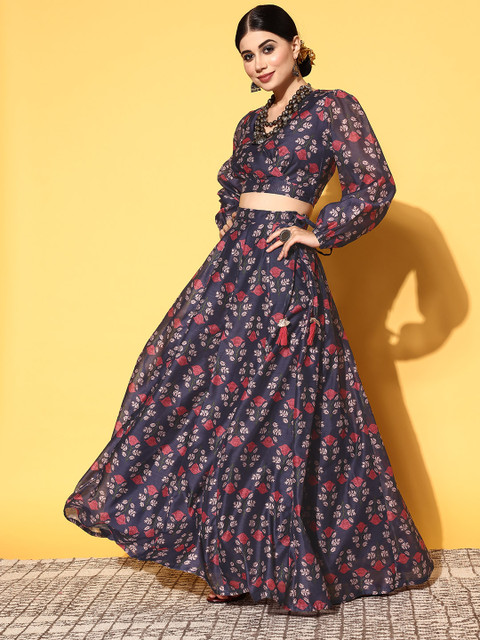 Shae by SASSAFRAS Navy Blue Printed Ready to Wear Lehenga Choli