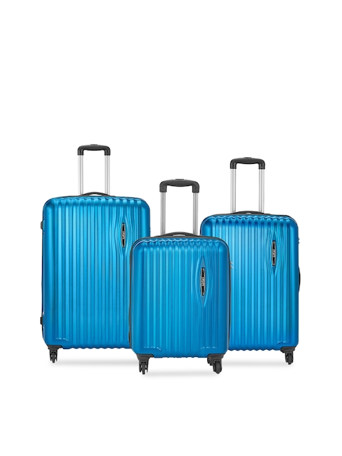 Safari Set of 3 Blue Textured Hard Sided Medium Trolley Suitcase