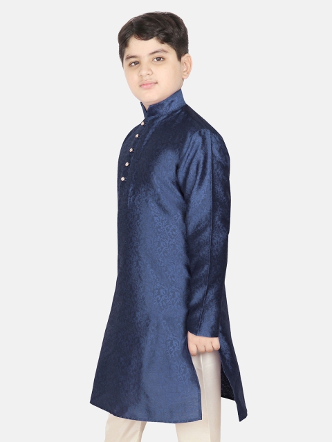 SG YUVRAJ Boys Navy Blue Thread Work Brocade Satin Kurta - Image 3