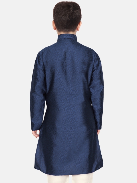 SG YUVRAJ Boys Navy Blue Thread Work Brocade Satin Kurta - Image 4