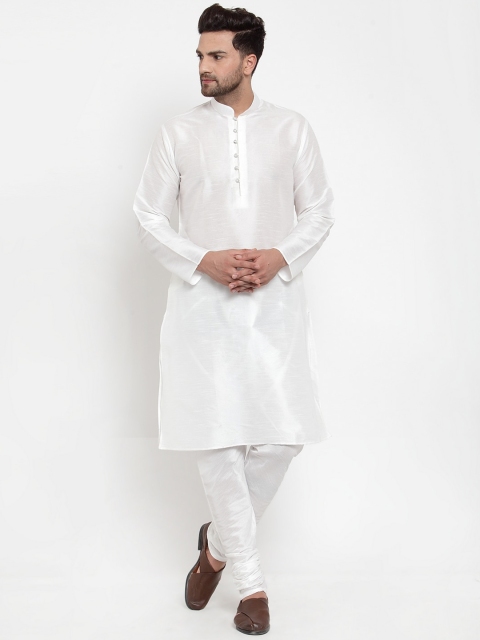 KRAFT INDIA Men White Striped Dupion Silk Kurta with Churidar