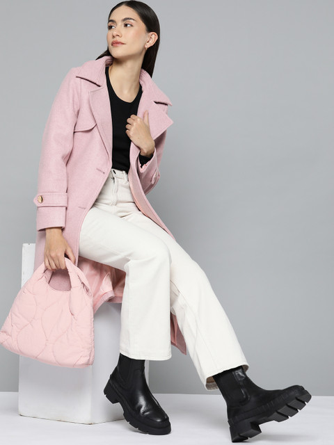 Chemistry Women Pink Melange Solid Longline Overcoat