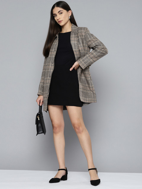 Chemistry Women Grey & Beige Checked Overcoat with a Belt