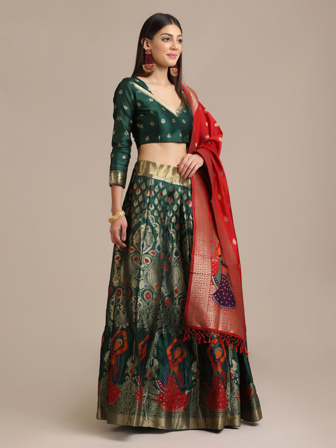 Warthy Ent Green & Red Semi-Stitched Lehenga & Unstitched Blouse With Dupatta - Image 5