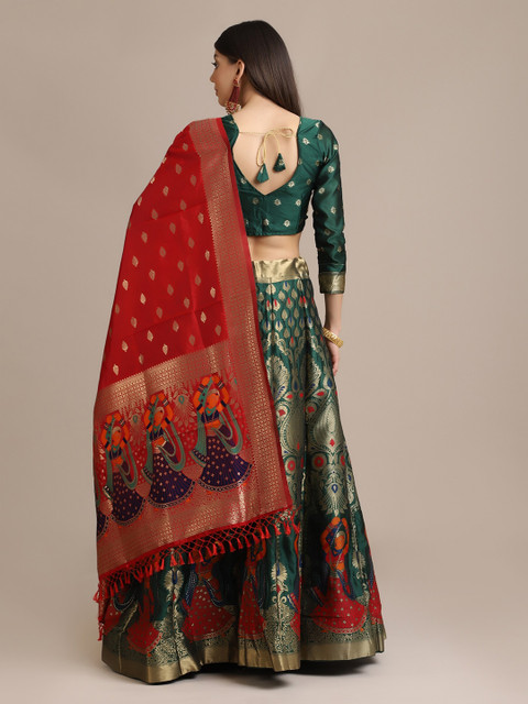 Warthy Ent Green & Red Semi-Stitched Lehenga & Unstitched Blouse With Dupatta - Image 6