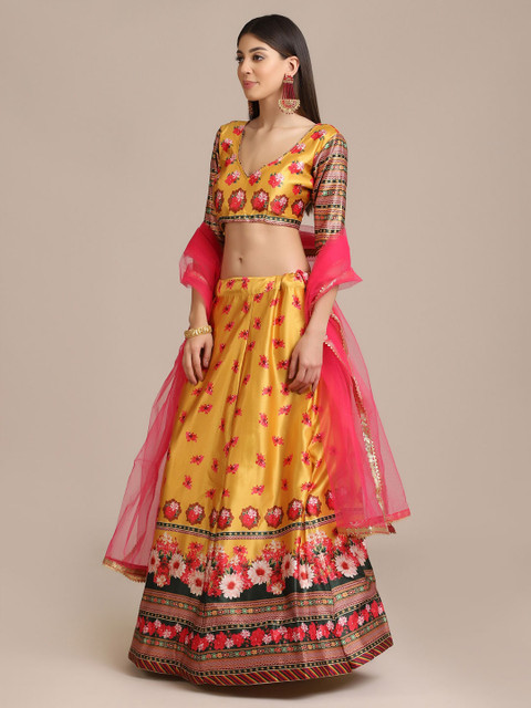 Warthy Ent Yellow & Pink Printed Semi-Stitched Lehenga & Unstitched Blouse With Dupatta - Image 6