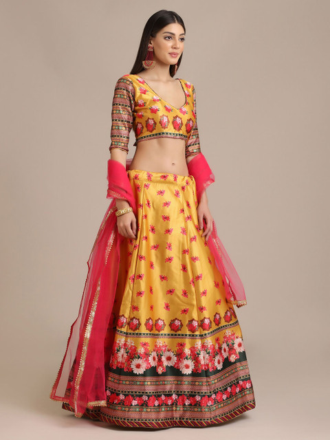 Warthy Ent Yellow & Pink Printed Semi-Stitched Lehenga & Unstitched Blouse With Dupatta - Image 5
