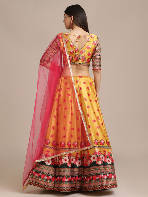 Warthy Ent Yellow & Pink Printed Semi-Stitched Lehenga & Unstitched Blouse With Dupatta - Image 7