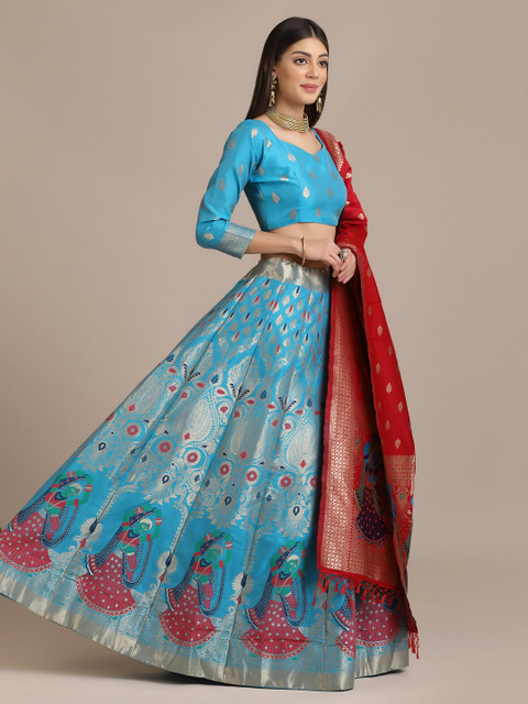 Warthy Ent Turquoise Blue & Red Semi-Stitched Lehenga & Unstitched Blouse With Dupatta - Image 5