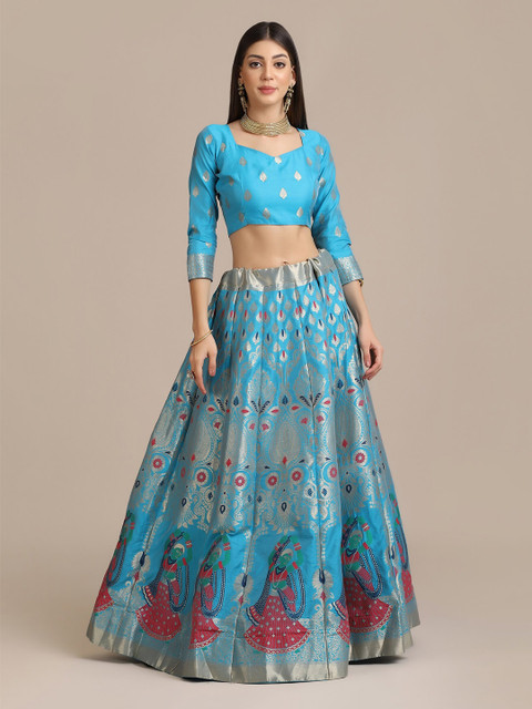 Warthy Ent Turquoise Blue & Red Semi-Stitched Lehenga & Unstitched Blouse With Dupatta - Image 7