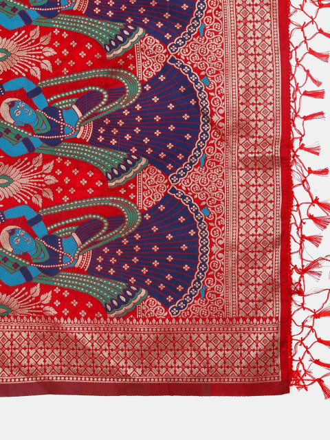 Warthy Ent Turquoise Blue & Red Semi-Stitched Lehenga & Unstitched Blouse With Dupatta - Image 3