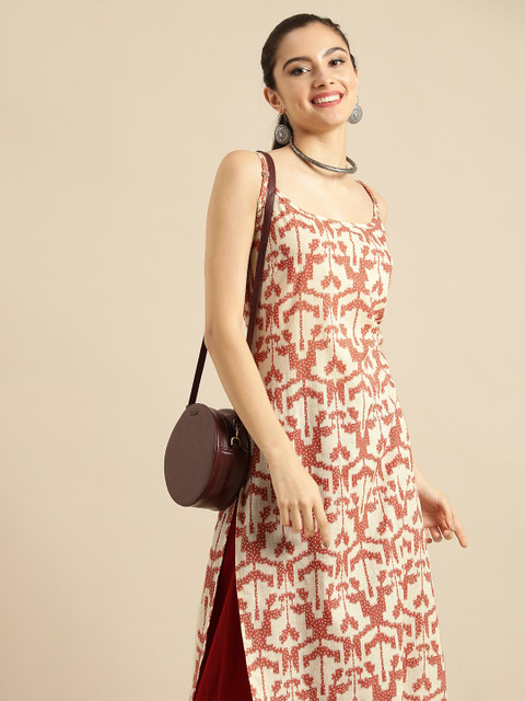 Sangria X fwd Women White & Rust Red Printed Cotton Kurta