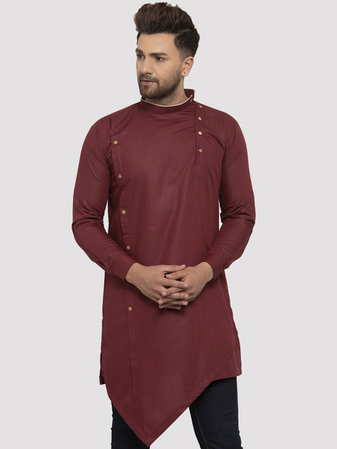 Kaifoo Men Maroon Flared Sleeves Thread Work Asymmetric Kurta