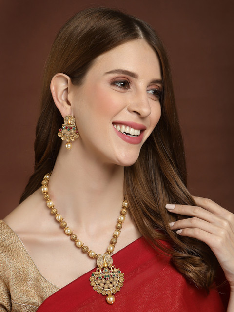 PANASH Gold-Plated Stone Studded Peacock-Shaped Jewellery Set