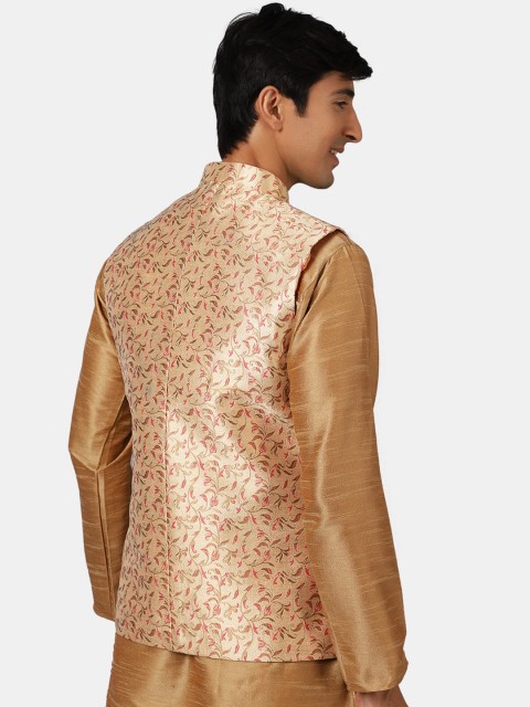 Wintage Men Gold Coloured Printed Woven Nehru Jackets - Image 4