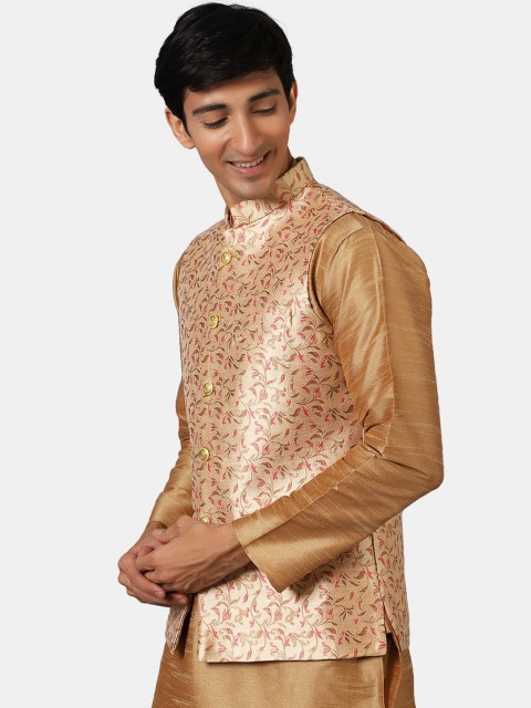 Wintage Men Gold Coloured Printed Woven Nehru Jackets - Image 3