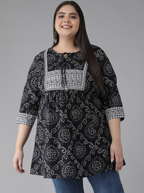 YASH GALLERY Plus Size Women Black & White Bandhani Printed Kurti