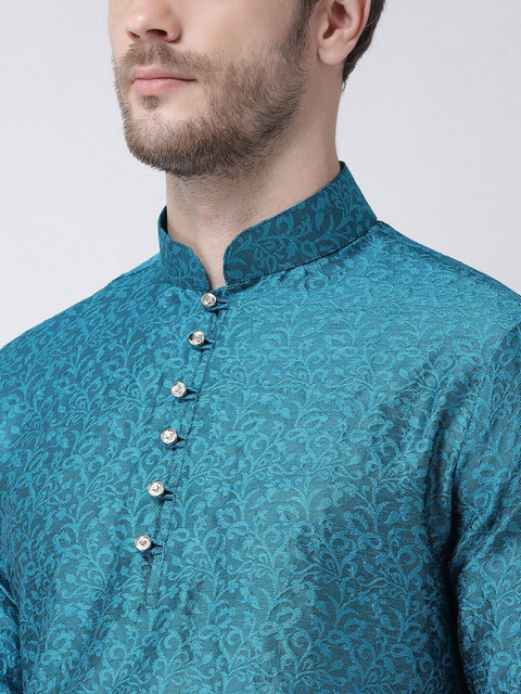 SG LEMAN Men Teal Jacquard Kurta - Image 2