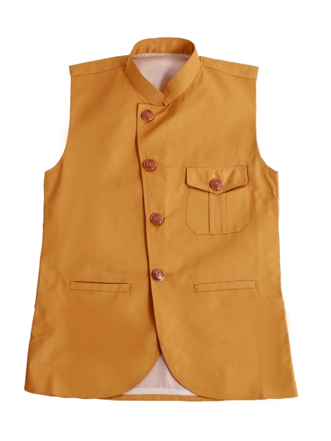 FOURFOLDS Boys Mustard Yellow Solid Nehru Jacket