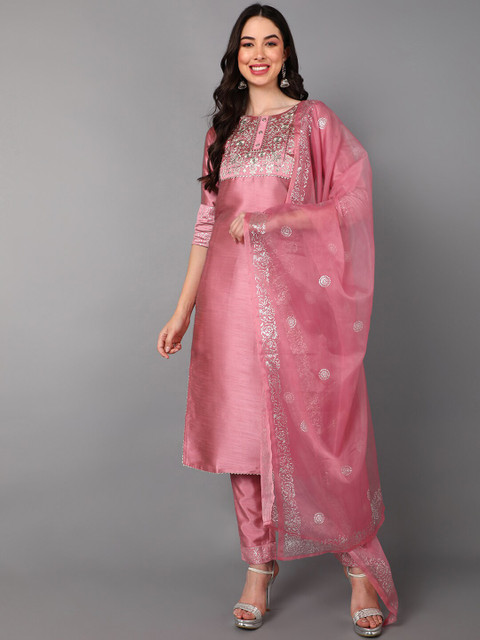 AHIKA Women Pink Floral Embroidered High Slit Kurti with Trousers & With Dupatta