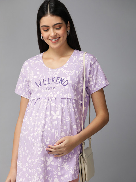 Zeyo Purple & White Floral Printed Cotton Maternity Top - Image 5