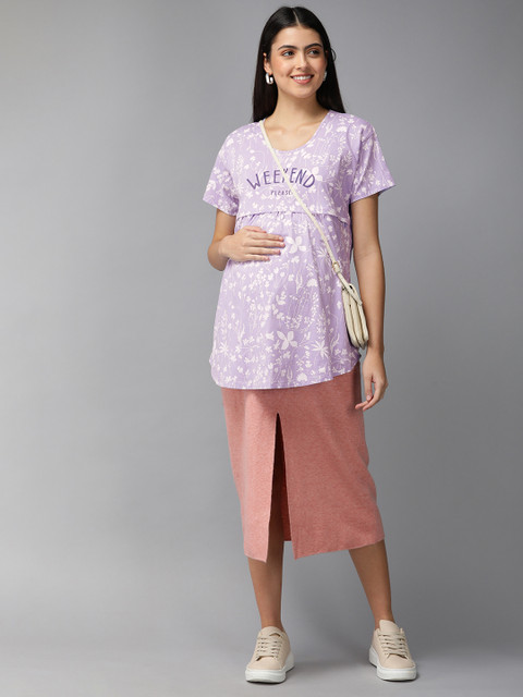 Zeyo Purple & White Floral Printed Cotton Maternity Top - Image 4