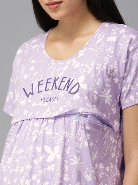 Zeyo Purple & White Floral Printed Cotton Maternity Top - Image 6