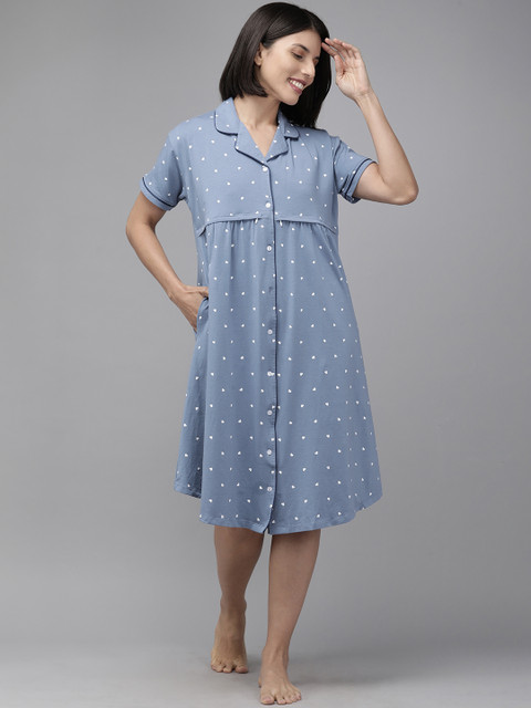 Zeyo Blue & White Printed Cotton Maternity & Feeding Nightdress