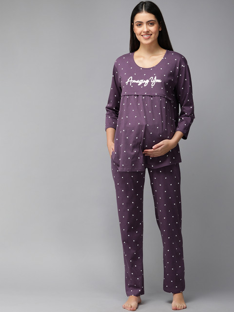 Zeyo Women Purple & White Conversational Printed Cotton Maternity Pyjama Set