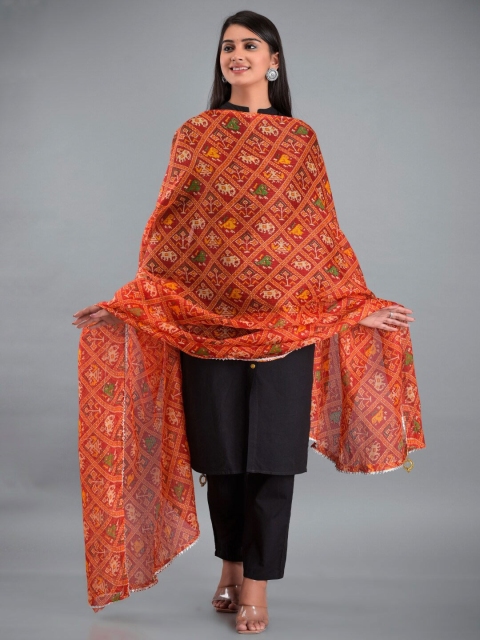 Apratim Multicoloured & Orange Printed Leheriya Dupatta - Image 4