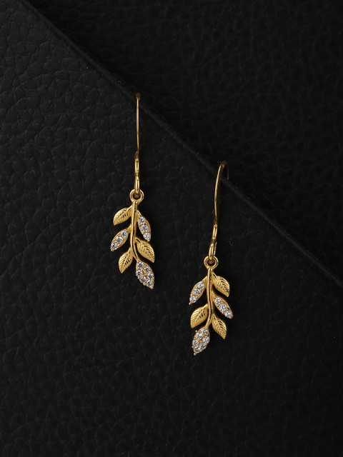 Carlton London Gold Plated With Cubic Zirconia Studded Leaf Shaped Drop Earrings