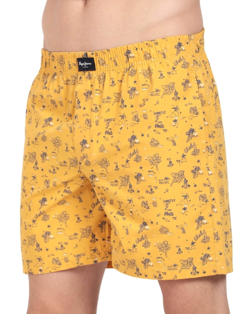 Pepe Jeans Men Gold-Colored & Blue Printed Pure Cotton Relaxed-Fit Boxer - Image 6