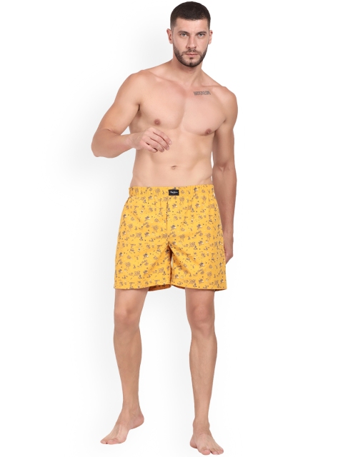 Pepe Jeans Men Gold-Colored & Blue Printed Pure Cotton Relaxed-Fit Boxer - Image 5