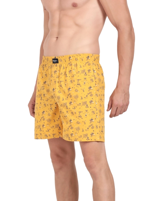 Pepe Jeans Men Gold-Colored & Blue Printed Pure Cotton Relaxed-Fit Boxer - Image 3