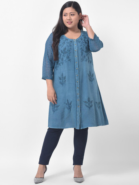 VELDRESS Women Plus Size Blue Embroidered Denim Longline Top