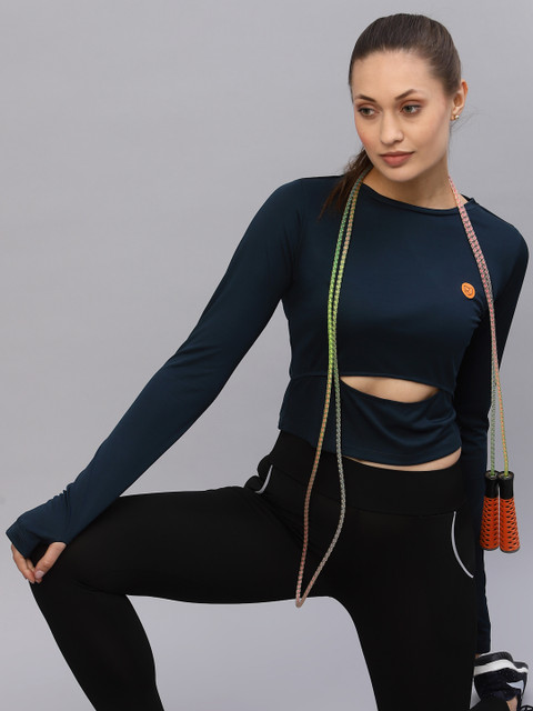 Rigo Women Navy Blue Cut-Out Waist Round Neck Full Sleeve Active wear Crop Top