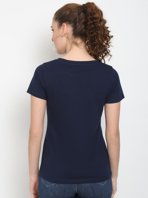 UnaOne Women Plus Size Pack Of 2 Black & Navy Blue Typography Printed Pure Cotton T-shirt - Image 5