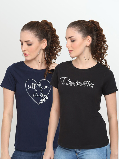 UnaOne Women Plus Size Pack Of 2 Black & Navy Blue Typography Printed Pure Cotton T-shirt