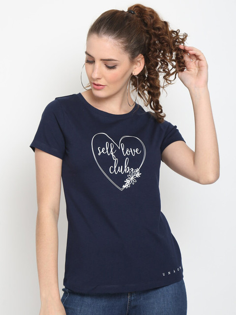UnaOne Women Plus Size 2 Black & Navy Blue Printed Casual T-shirt - Image 3