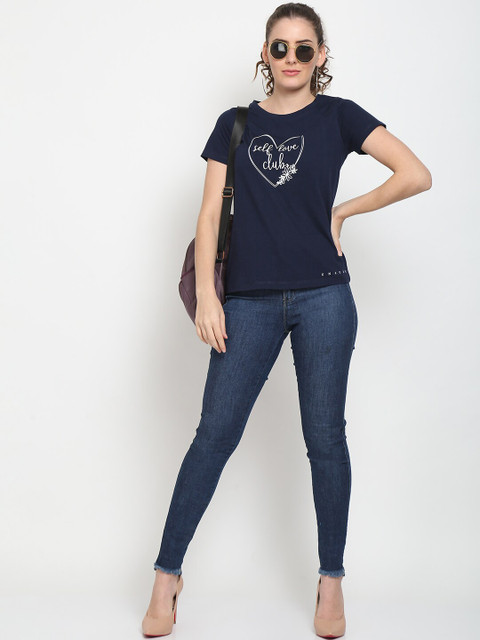 UnaOne Women Plus Size 2 Black & Navy Blue Printed Casual T-shirt - Image 6