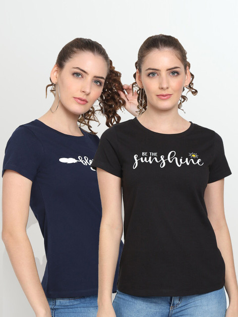 UnaOne Women Plus Size Black & Navy Blue Solid T-shirt Pack Of 2