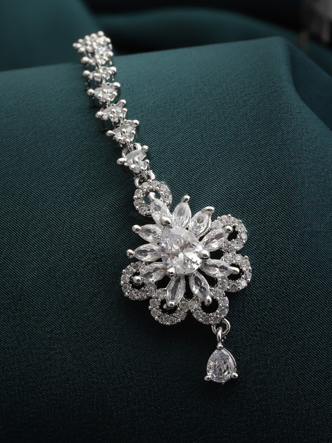 PANASH Rhodium-Plated Silver-Toned & White AD-Studded Maangtika