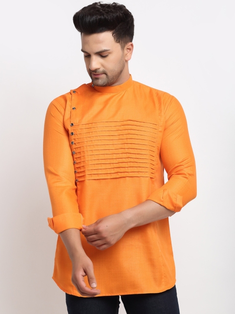 Kaifoo Men Orange Geometric Thread Work Kurta