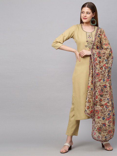 KALINI Women Beige Floral Yoke Design Straight Kurta with Trousers & With Dupatta